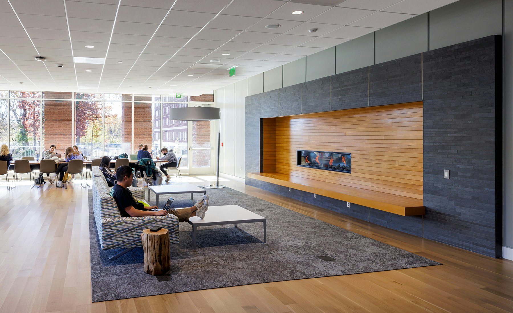 Student Health and Wellness Center, Lobby: The entire building is organized around an open and light-filled entry and multi-story lobby, while generous windows invite daylight into all departments, improving orientation and wayfinding.