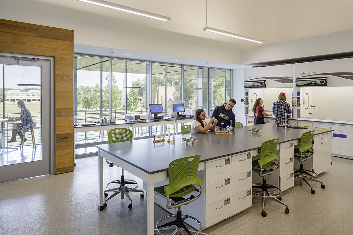 The Greer Environmental Sciences Center will embody “science on display” with fully glazed walls on the north side of classroom laboratories, exposing science and scientific exploration. Strategically-placed sustainable features will be accessible to students who will observe and monitor the building’s use of energy, water, and material resources. 